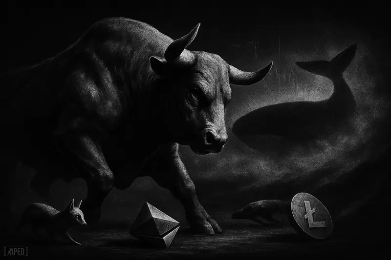 A tense monochrome bull braces against a dark market wave while metallic crypto creatures shift behind it in a moody trading scene.