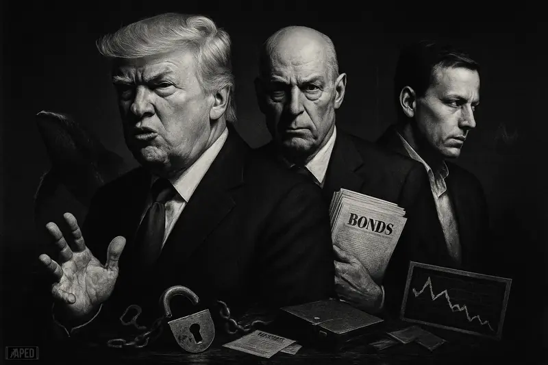 Trump, Paulson, and Josh Stark appear as grayscale photorealistic caricatures amid a whale, broken locks, and bond-stress symbols in a dark scene.