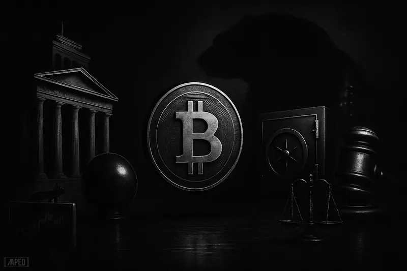 A suspended bitcoin-like metal coin hovers over a dark trading floor, surrounded by institutional symbols, a looming bear, and stark regulatory imagery.