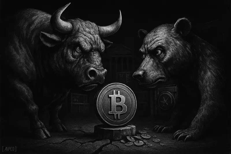 A tense bull and bear confront each other over a cracked trading floor, with a still Bitcoin symbol and collapsing micro-cap liquidity below.