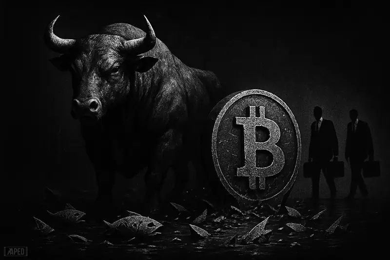 A giant still bull looms over cracking smaller creatures as shadowy institutional figures approach in a dark grayscale market scene.