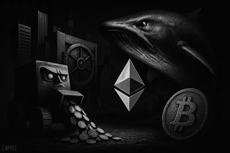 A grayscale whale confronts a coin-shedding mining machine beside still Bitcoin and radiant Ethereum forms in a dark market-themed scene.