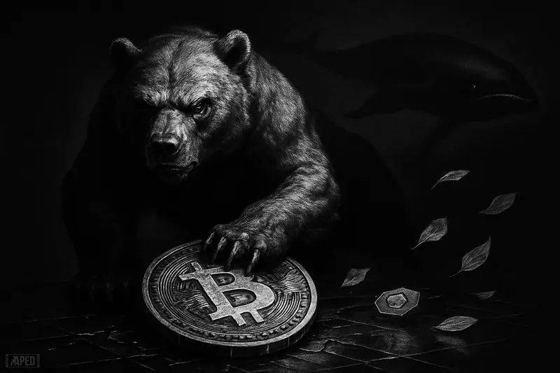 A shadowy bear crushes a Bitcoin symbol on a dark fractured floor while ghostly token forms drift away in a bleak grayscale market selloff scene.