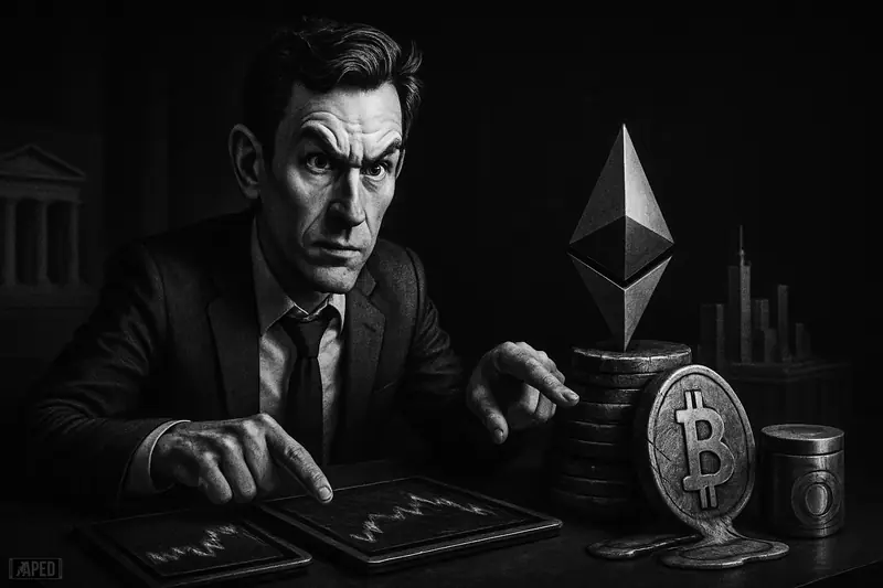 James Seyffart caricature studies dark crypto market signals at a desk with symbolic Bitcoin, Ethereum, and stablecoin elements in a moody grayscale scene.