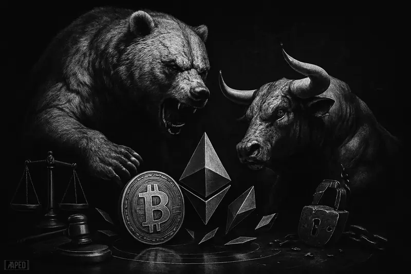 A grayscale bull and bear confront each other around bitcoin and ethereum symbols, with regulation scales and a broken lock in a dark data-grid setting.