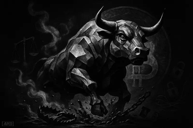A metallic bull charges through broken traps and chains amid oil smoke, with dark finance symbols behind it on a black data-grid background.