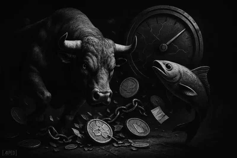 A powerful bull charges through chaotic crypto debris as a sleek fish rises nearby and a stress gauge trembles in a dark grayscale market scene.