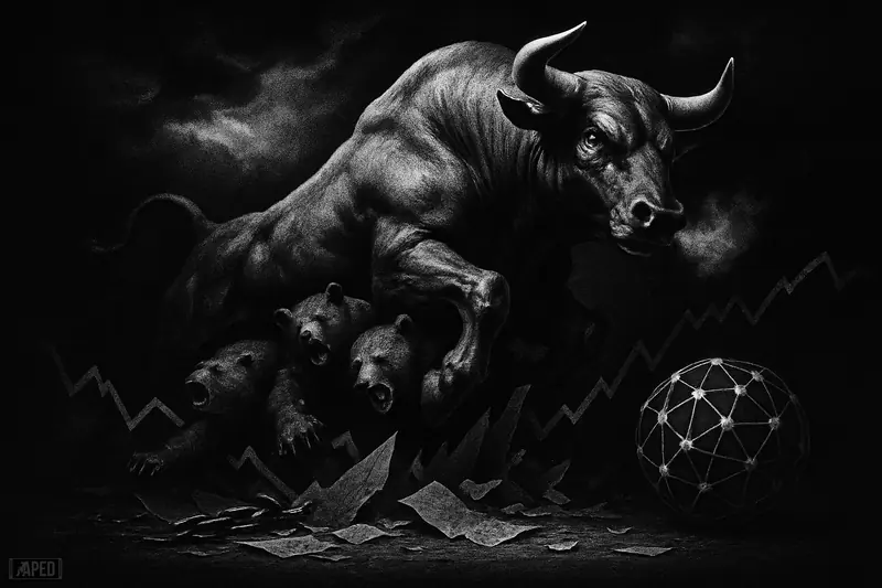 A muscular bull charges through trapped bears under clearing storm clouds, symbolizing a bitcoin rally and brutal short squeeze.