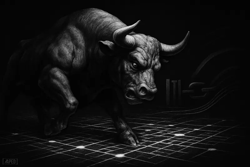 A wounded bull stumbles downward while intricate ledger-like networks strengthen beneath it in a dark grayscale financial scene.
