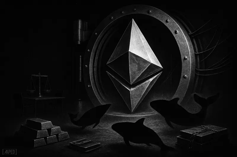 A giant crystal asset sits inside a vault as whale shadows circle nearby in a dark corporate scene of scarcity and market tension.