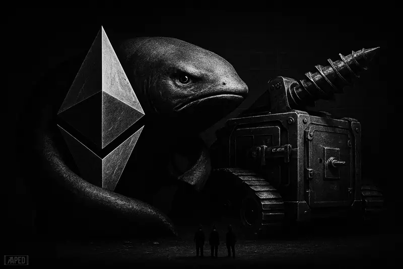 A giant metallic whale coils around a crystal crypto monolith while a mining machine looms nearby in a dark grayscale market scene.
