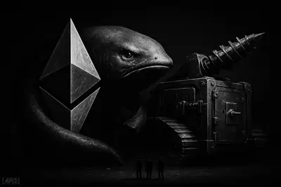 A giant metallic whale coils around a crystal crypto monolith while a mining machine looms nearby in a dark grayscale market scene.
