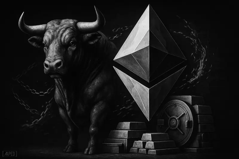 A monochrome bull stands beside a crystalline monolith and treasury vault imagery in a dark, quiet financial scene with tightening supply symbolism.
