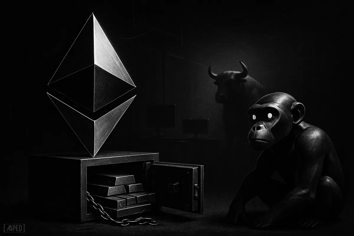 A giant Ethereum crystal on a treasury vault with an ape-like AI figure, in a tense, dark market scene with faint bullish undertones.