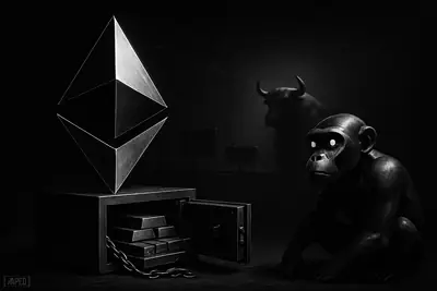 A giant Ethereum crystal on a treasury vault with an ape-like AI figure, in a tense, dark market scene with faint bullish undertones.