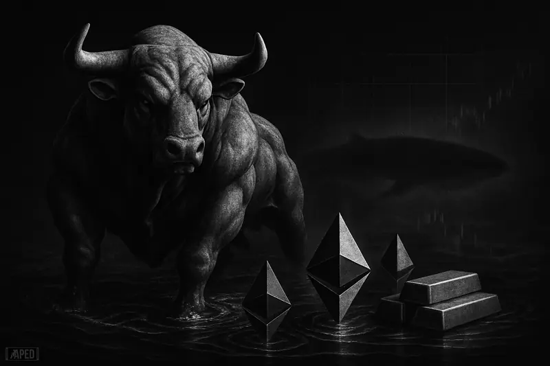 A tense grayscale bull stands in choppy dark water beside Ethereum-like crystal forms, with a faint whale shadow and data-grid backdrop.