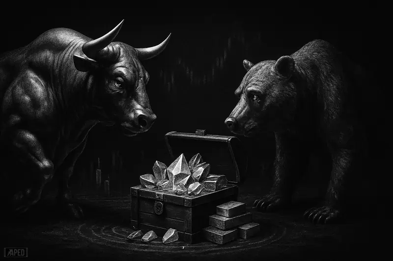 A grayscale bull and bear confront each other beside an overflowing treasure chest in a dark, grid-backed scene suggesting a stalled crypto market.