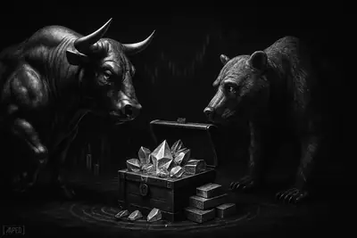 A grayscale bull and bear confront each other beside an overflowing treasure chest in a dark, grid-backed scene suggesting a stalled crypto market.
