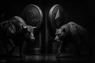 A grayscale bull and bear pace tensely between towering crypto monoliths in a dark grid-lined corridor, suggesting a stalled and choppy market.