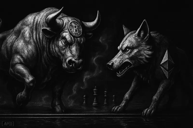 Two grayscale metallic crypto beasts pace sideways in a tense, frozen standoff against a dark grid, evoking a choppy rangebound market.
