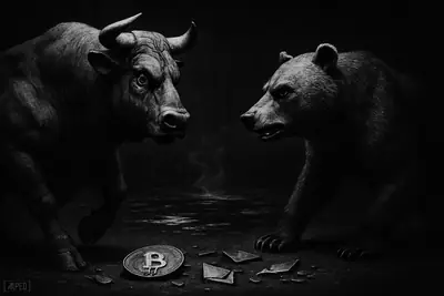 A monochrome bull and bear face off in a dark corridor, frozen in tense stalemate above still reflective market symbols.