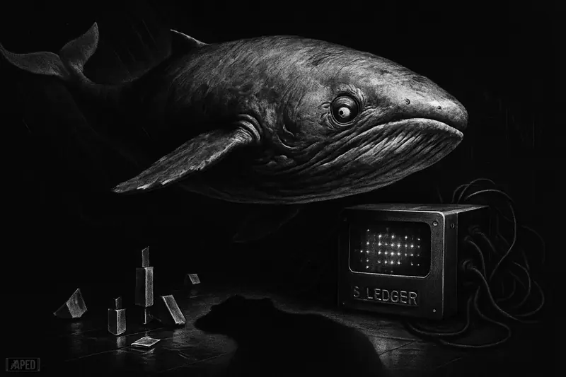 A panicked whale crashes downward above an active ledger machine in a dark grayscale market scene filled with shattered trading-glass fragments.