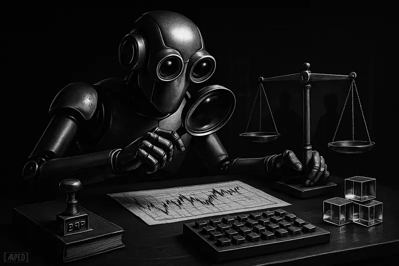 A monochrome robot trader studies charts with scales and risk tools as cautious investor silhouettes watch in a dark data-grid setting.