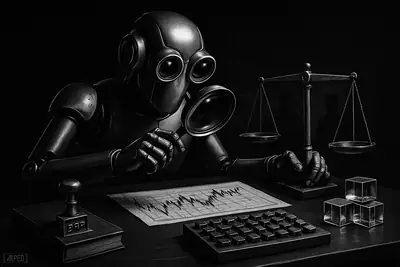 A monochrome robot trader studies charts with scales and risk tools as cautious investor silhouettes watch in a dark data-grid setting.