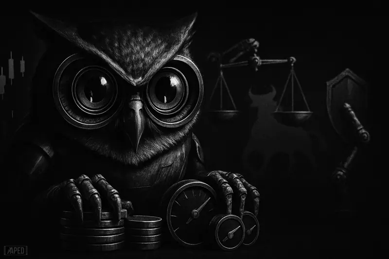 A mechanical owl-like trading bot studies market reflections while robotic tools manage risk in a dark grayscale financial scene.