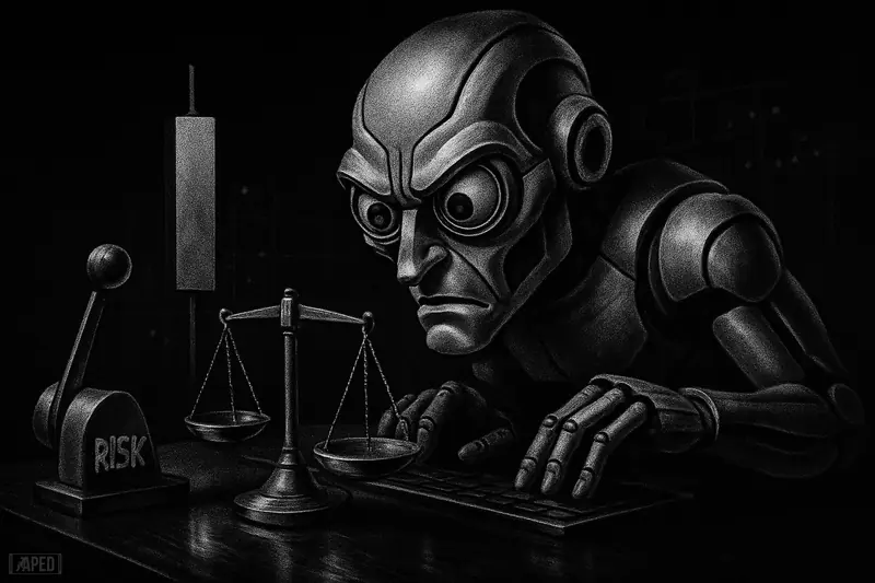 A grayscale robotic trading bot studies a quiet market desk beside risk controls and scales against a dark grid background.