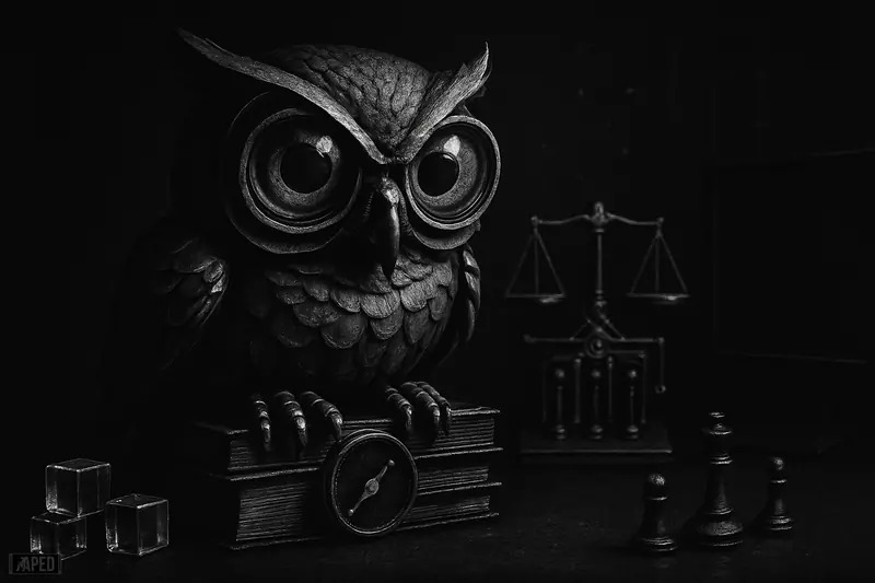 A monochrome mechanical owl trading bot watches a quiet desk with ledgers, scales, and glass cubes in a dark data-grid scene.