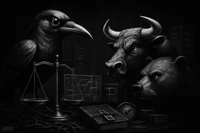 A mechanical raven on scales watches a frozen bull and bear standoff amid dark trading infrastructure and transparent risk-themed elements.