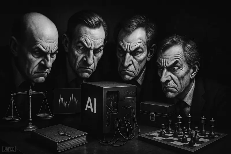 Skeptical traders inspect a looming AI machine beside risk symbols in a dark grayscale market scene with stalled trading tension.