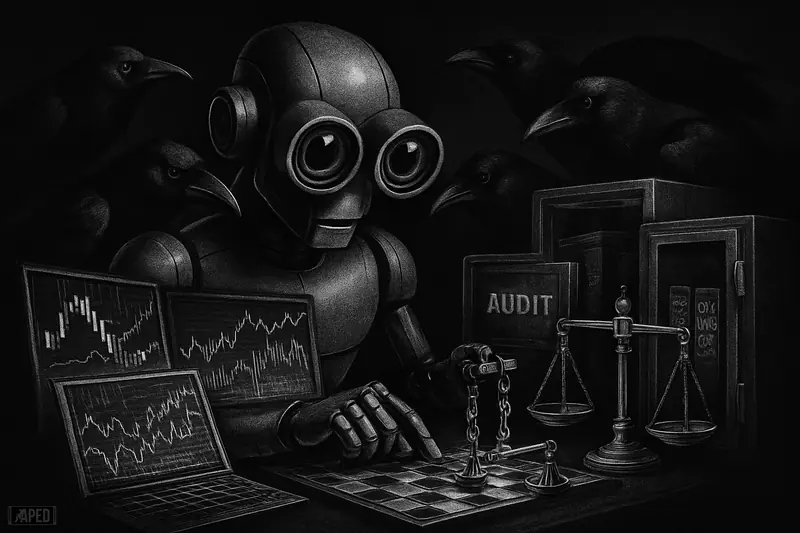 A suspicious robotic trading bot under scrutiny by ravens, surrounded by risk-control devices and audit symbols in a dark grayscale scene.