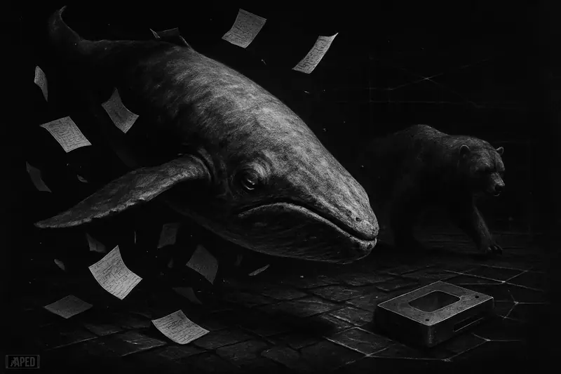 A monochrome whale plunges downward as a bear stalks a cracked trading floor amid scattered ledger pages in a dark data-grid scene.