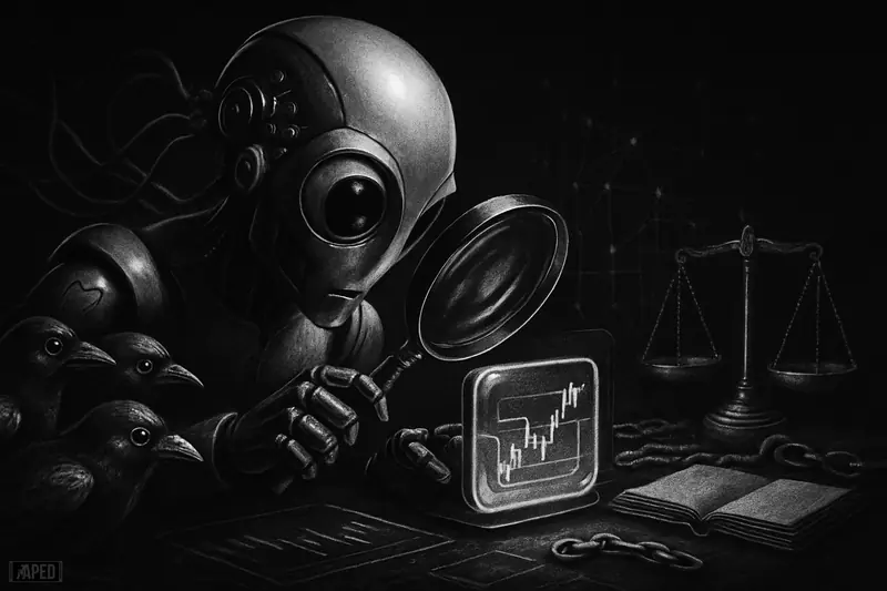 A skeptical robotic trader examines a transparent wallet device while watchful mechanical birds crowd around in a dark grayscale data-grid scene.