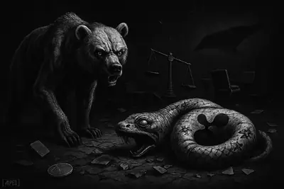 A skeletal bear stalks past a collapsing serpent and shattered market symbols in a dark grayscale scene of crypto panic.