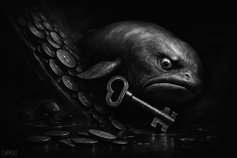 A grayscale whale tumbles down shattered tokens while clutching a vault key, surrounded by defensive smaller creatures in a dark market-crash scene.