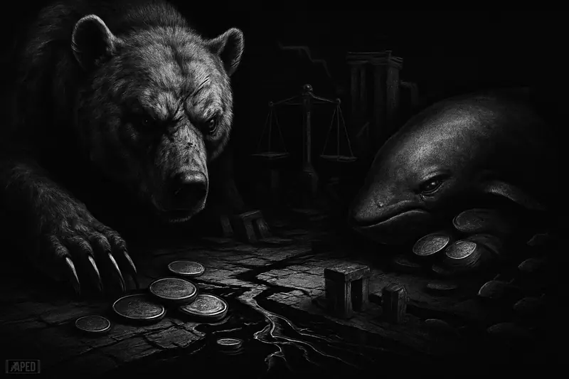 A monochrome bearish market scene with a looming bear, drying liquidity pools, and a protective whale amid a dark crypto trading floor.