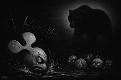 A monochrome sea-creature market metaphor shows a plunging central figure, nervous smaller creatures, and a looming bear shadow in dark waters.