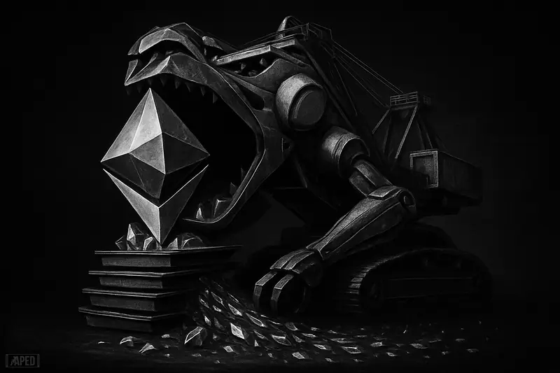 A giant mining machine clutches a huge crystal while smaller shards flow into vault trays against a dark grid background.