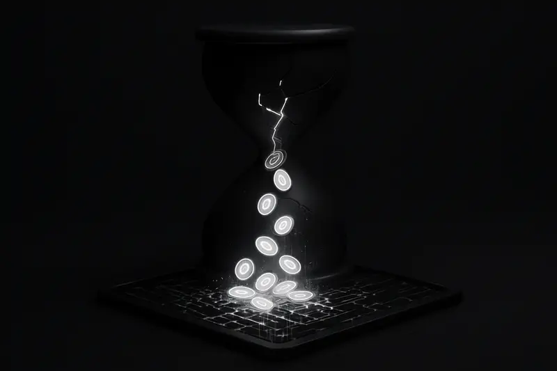A cracked black hourglass pours glowing coins into a rippling pool that resembles a glitching circuit board on dark background.