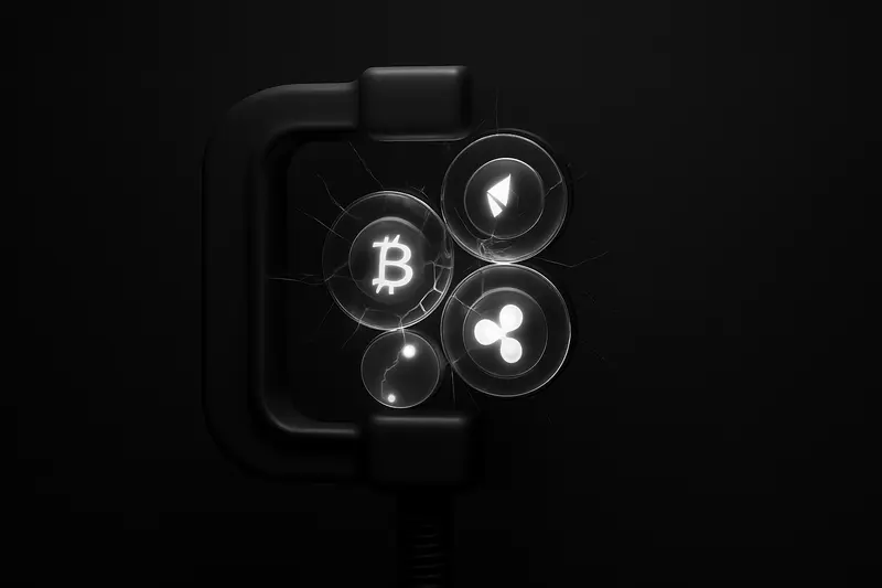 Three glowing coin-like spheres compressed by a cracked dark glass clamp, with faint red data lines on black background.