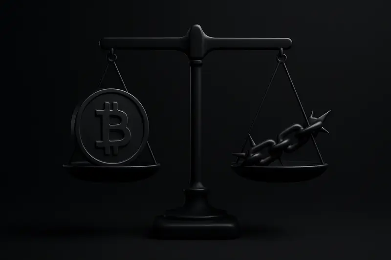 A glowing gold coin hovers above a dark scale, opposite a jagged steel chain, set on a black background.