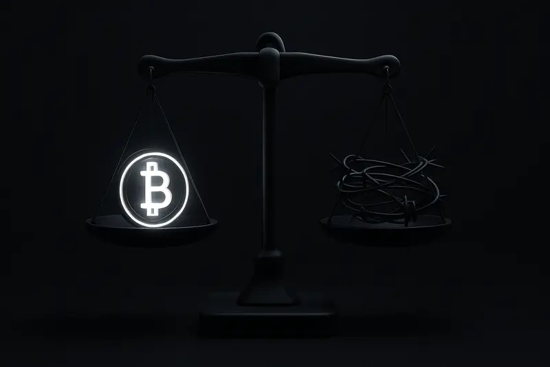 On a dark background, a metallic balance scale holds a glowing coin on one side and coiled barbed wire on the other.