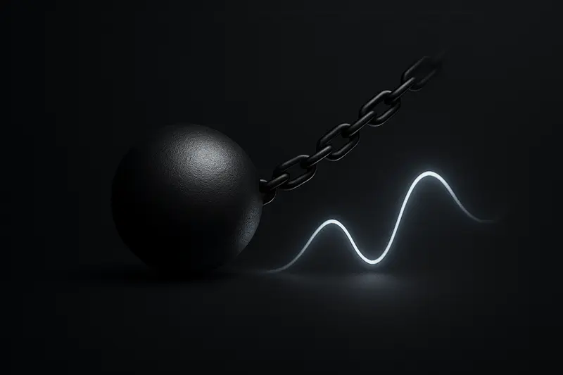 A massive dull-gold sphere tethered by dark chains above neon-blue liquid waves on a black, star-speckled background.