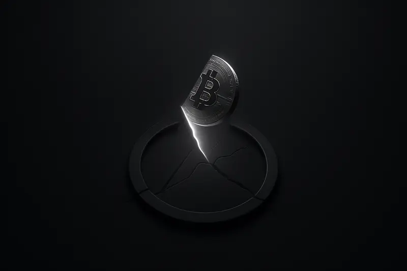 A dim black background with a glowing coin fragment sinking beneath a fractured red halo and scattered digital shards.