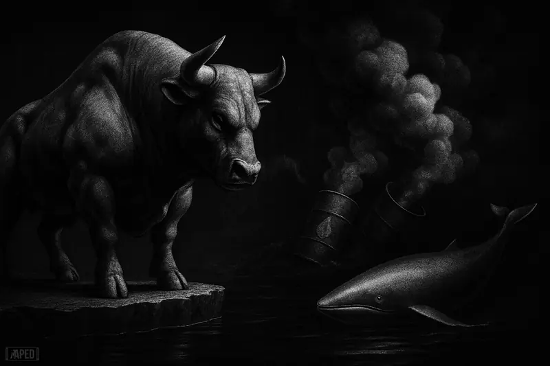 A grayscale cinematic bull holds a narrow ledge above dark water as a whale and smoky oil barrels suggest market support and macro risk.