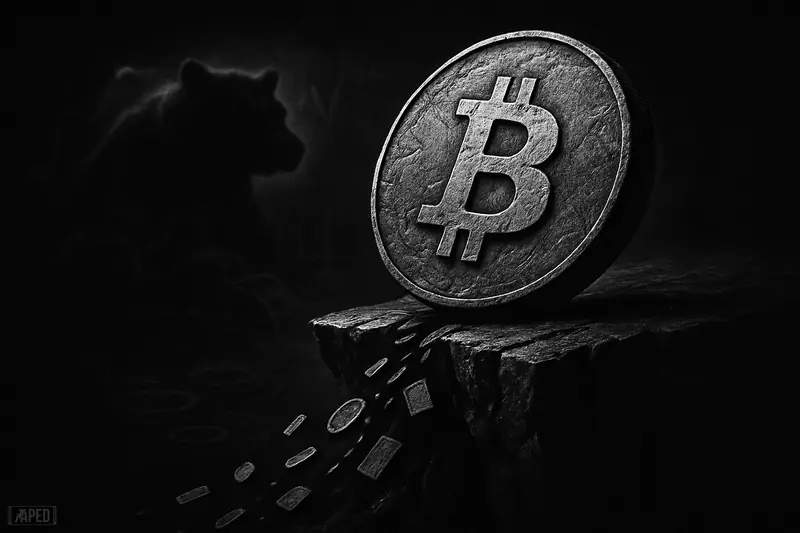 A heavy bitcoin-like metal disk teeters on a cracked cliff as shadowy flows pull assets into a dark abyss under a smoky bear.