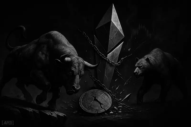A monochrome bull stumbles near a cliff as a bear advances, with cracked crypto monoliths, chains, and a dark grid behind them.